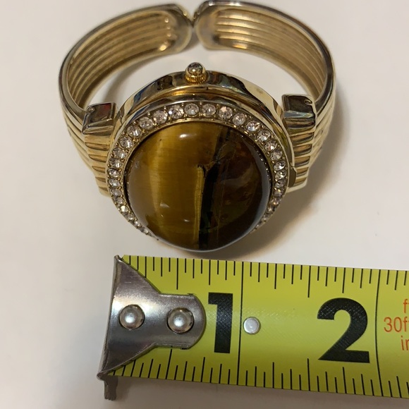 VINTAGE GENEVA Tigers Eye Gemstone bangle Bracelet Cuff watch Quartz Custom - Picture 14 of 16